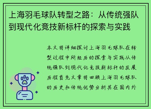 上海羽毛球队转型之路：从传统强队到现代化竞技新标杆的探索与实践